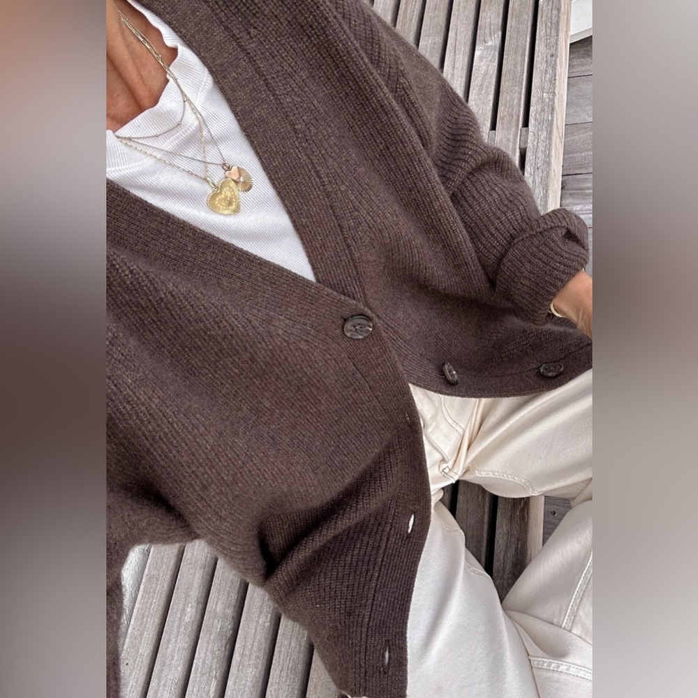 Chocolate Brown Mongolian Cashmere Oversized Boyfriend Cardigan Sweater - Picture 4 of 10